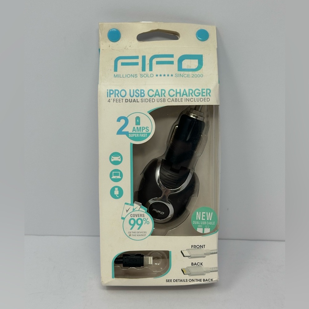 Fifo IPRO USB Car Charger 4ft dual sided cable Black Android and Apple Swivel P4